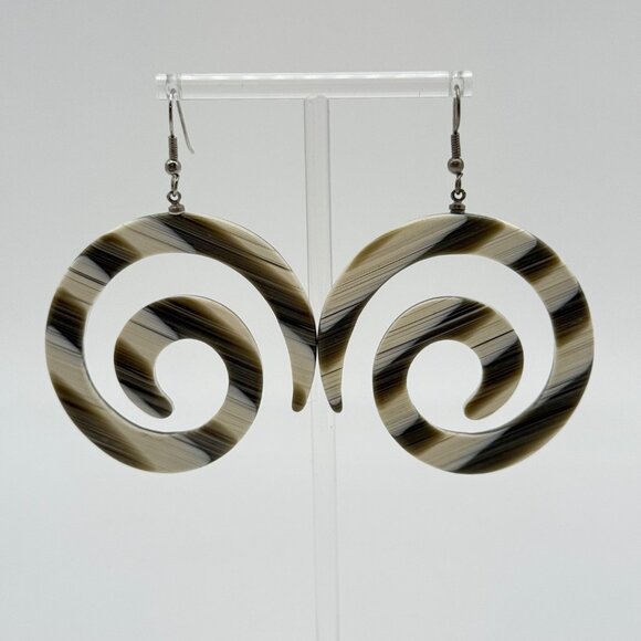 Vintage Swirl Resin Acrylic Spiral Dangle Earrings Statement Olive Off White - Picture 2 of 7